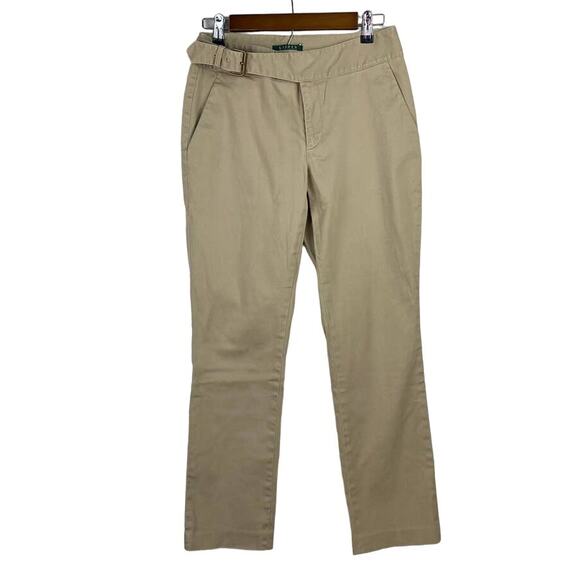 Lauren Ralph Lauren Women Tan Khaki Buckled Waist Chino Flat Front Pants Sz 4 - Picture 1 of 7